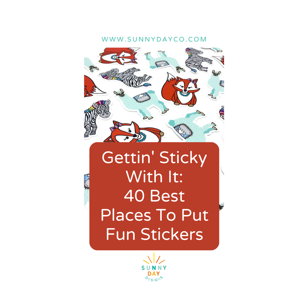 Gettin' Sticky With It: 40 Best Places To Put Fun Stickers - Blog Post Image by Sunny Day Designs featuring orange fox vinyl stickers, rainbow zebra vinyl stickers, and aqua llama vinyl stickers on a white background.