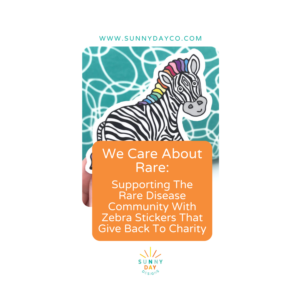 A blog post image showing a colorful zippy zebra vinyl sticker design by Sunny Day Designs that helps support rare disease patients and raises money for charity NORD, the National Organization for Rare Disorders