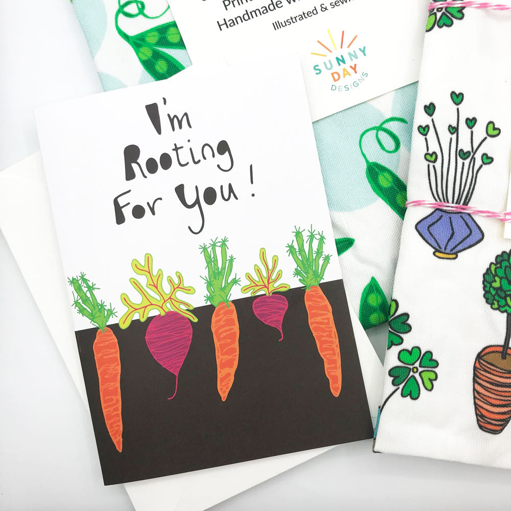 Plant-themed, Made In the USA Products by Sunny Day Designs - Rooting For You Carrot and Radish Greeting Card, Cultivate Love Tea Towel, and Sweet Pea Tea Towel