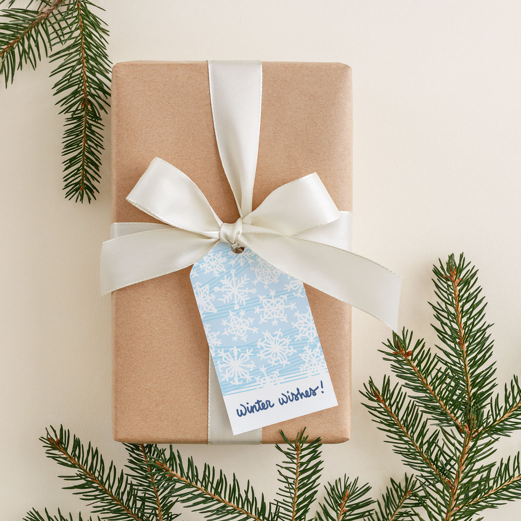 a brown kraft holiday gift laying next to evergreen boughs wrapped with a white ribbon and a blue snowflake Winter Wishes paper gift tag.