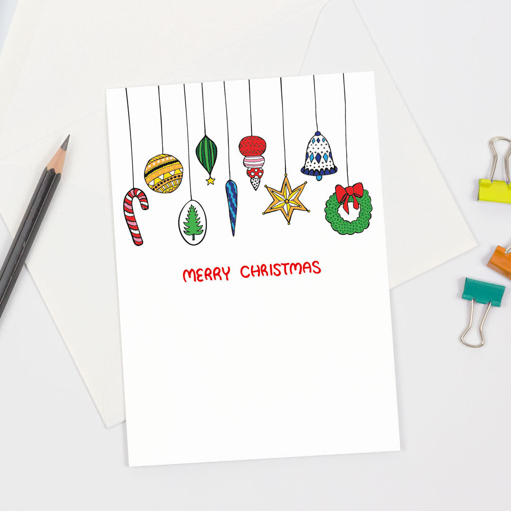 colorful christmas ornaments greeting card by sunny day designs. Printed on sustainably sourced cardstock. Made in the USA & joyfully designed in Madison, WI
