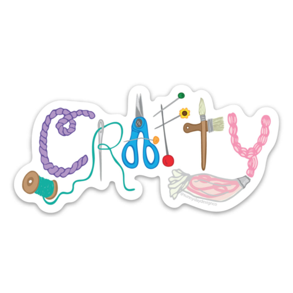 Crafty illustrated vinyl sticker design by Sunny Day Designs. Each letter is made from a crafty item (purple yarn "C", Teal thread and needle "R", blue scissors "A", 3 sewing pins make an "F", 2 paint brushes make a "T", and a pink icing piping bag makes a "Y"