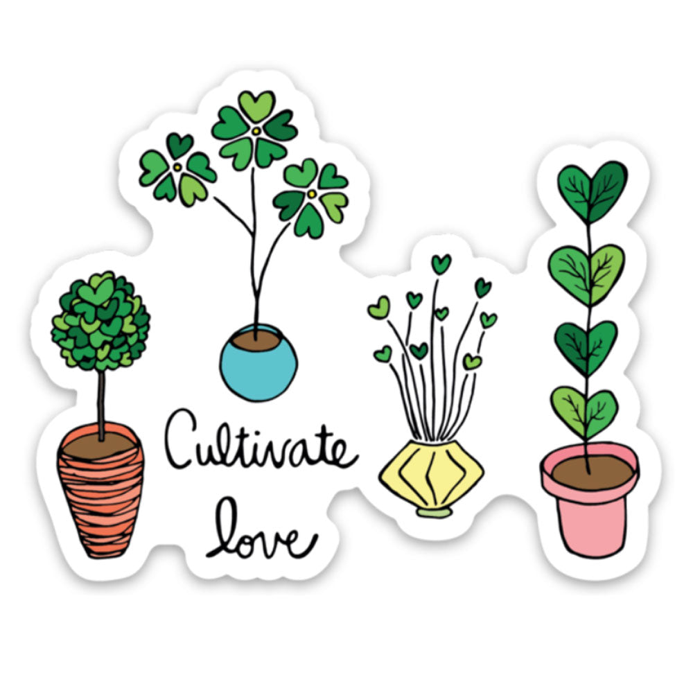 cultivate love potted plant mom fun sticker for laptop Sunny Day Designs colorful gardening sticker for valentines day