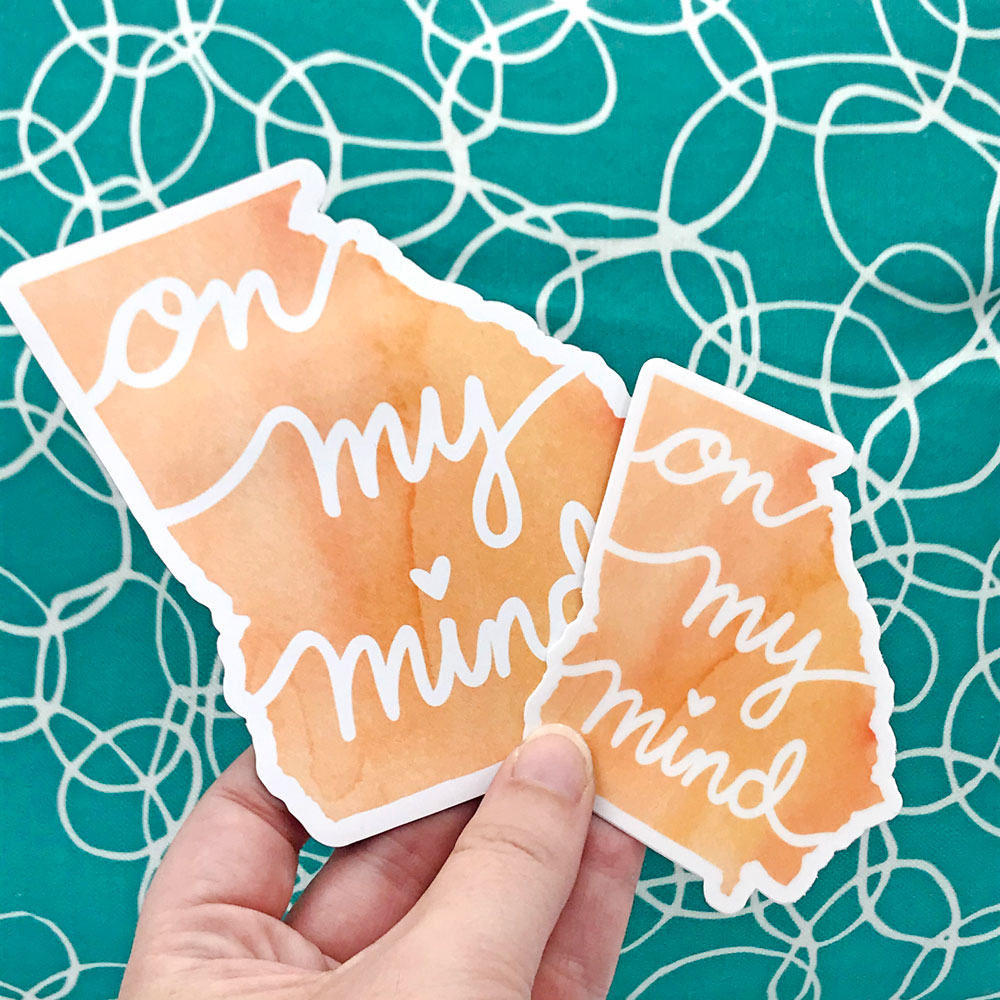 Georgia On My Mind Peach Vinyl Sticker and Vinyl Magnet Fun Georgia Gifts by Sunny Day Designs