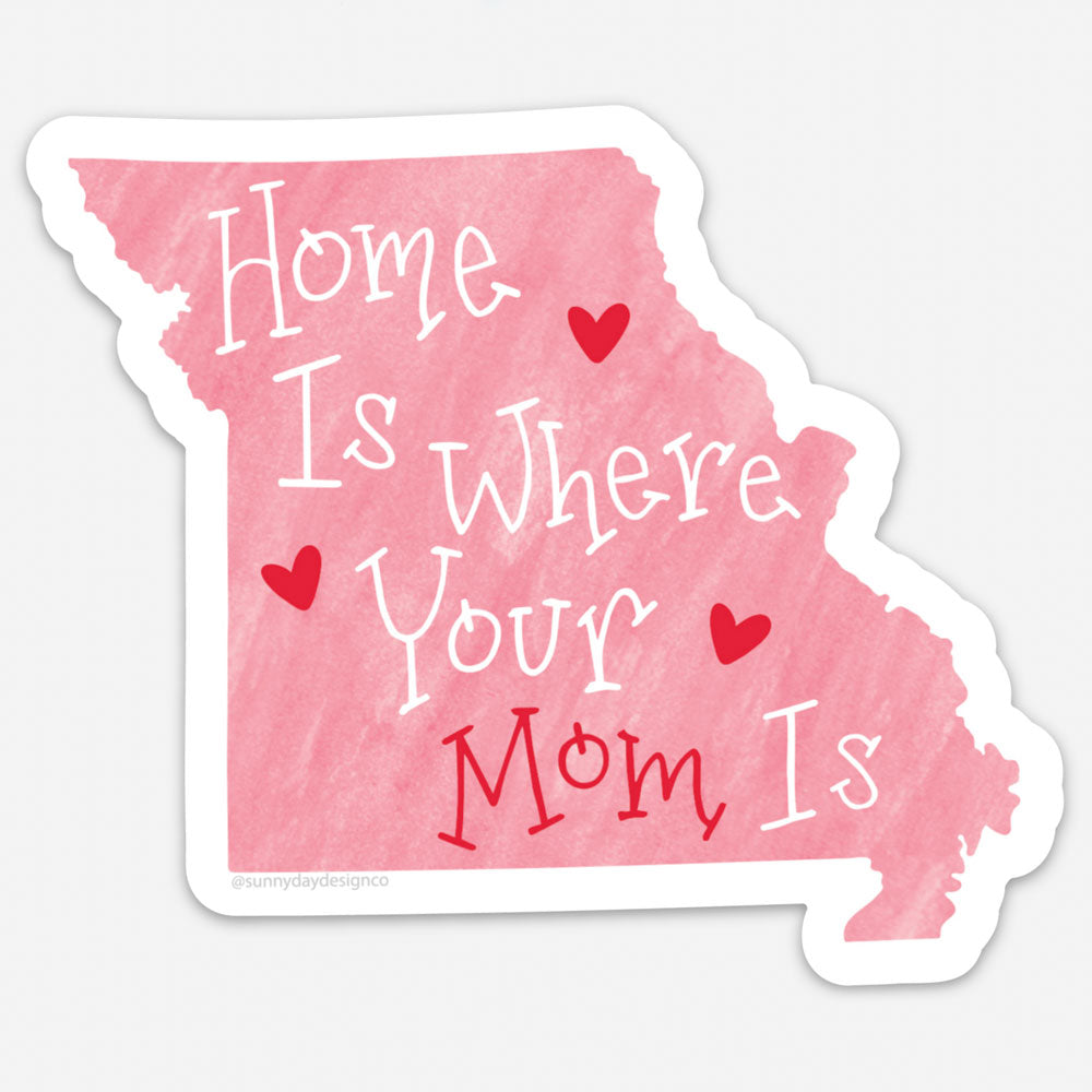 missouri mom vinyl magnet state shape on pink background with white and red text and hearts by Sunny Day Designs