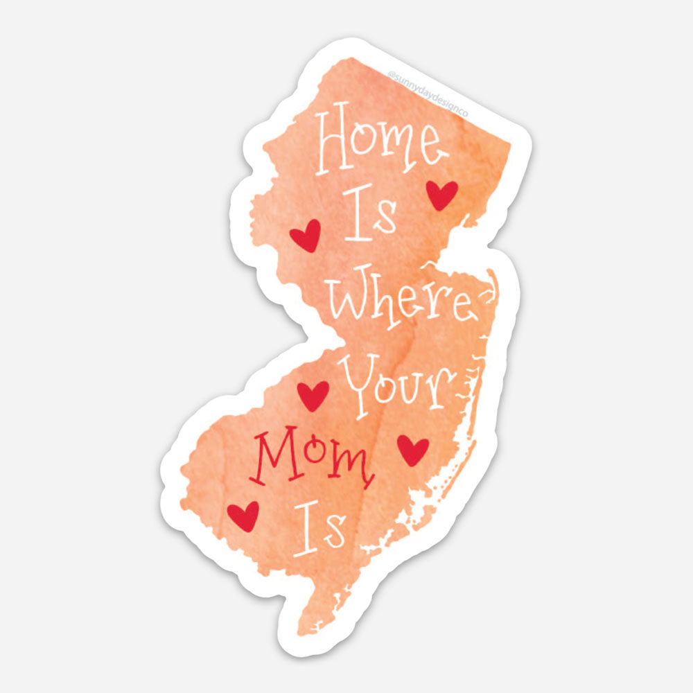new jersey mom vinyl magnet in state shape on orange background with white and red text and hearts by Sunny Day Designs