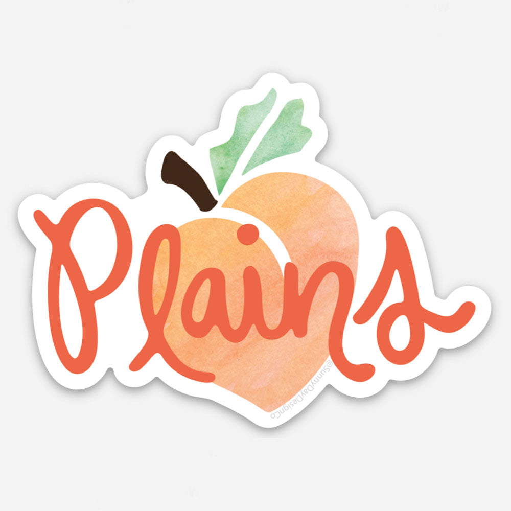 This Plains, GA themed vinyl magnet features a watercolor peach in shades of orange, green, and brown on a white background. The word "Plains" is hand drawn across the peach in dark orange. This fun vinyl magnet is a great way to remember a fun trip to Plains, Georgia - they also make great gifts! Made in the USA and designed by Sunny Day Designs.