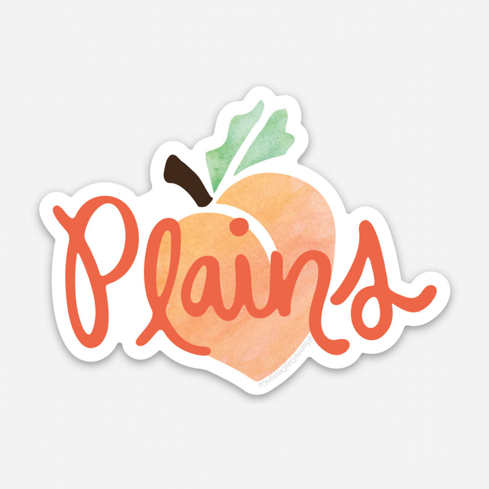 This sweet Georgia peach-themed vinyl sticker features our Plains Peach sticker design in orange, green, and brown watercolor. This fun sticker makes a great souvenir from a trip to Plains, GA. Made in the USA and designed by Sunny Day Designs