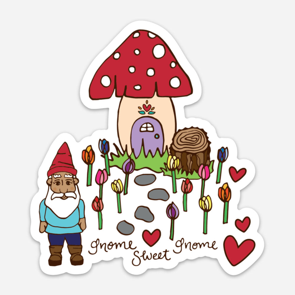 cute and quirky garden themed gnome magnet on white background with gnome sweet gnome text