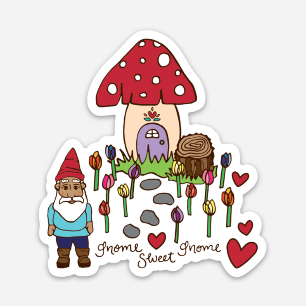 cute and quirky garden gnome sticker on white background with gnome sweet gnome text