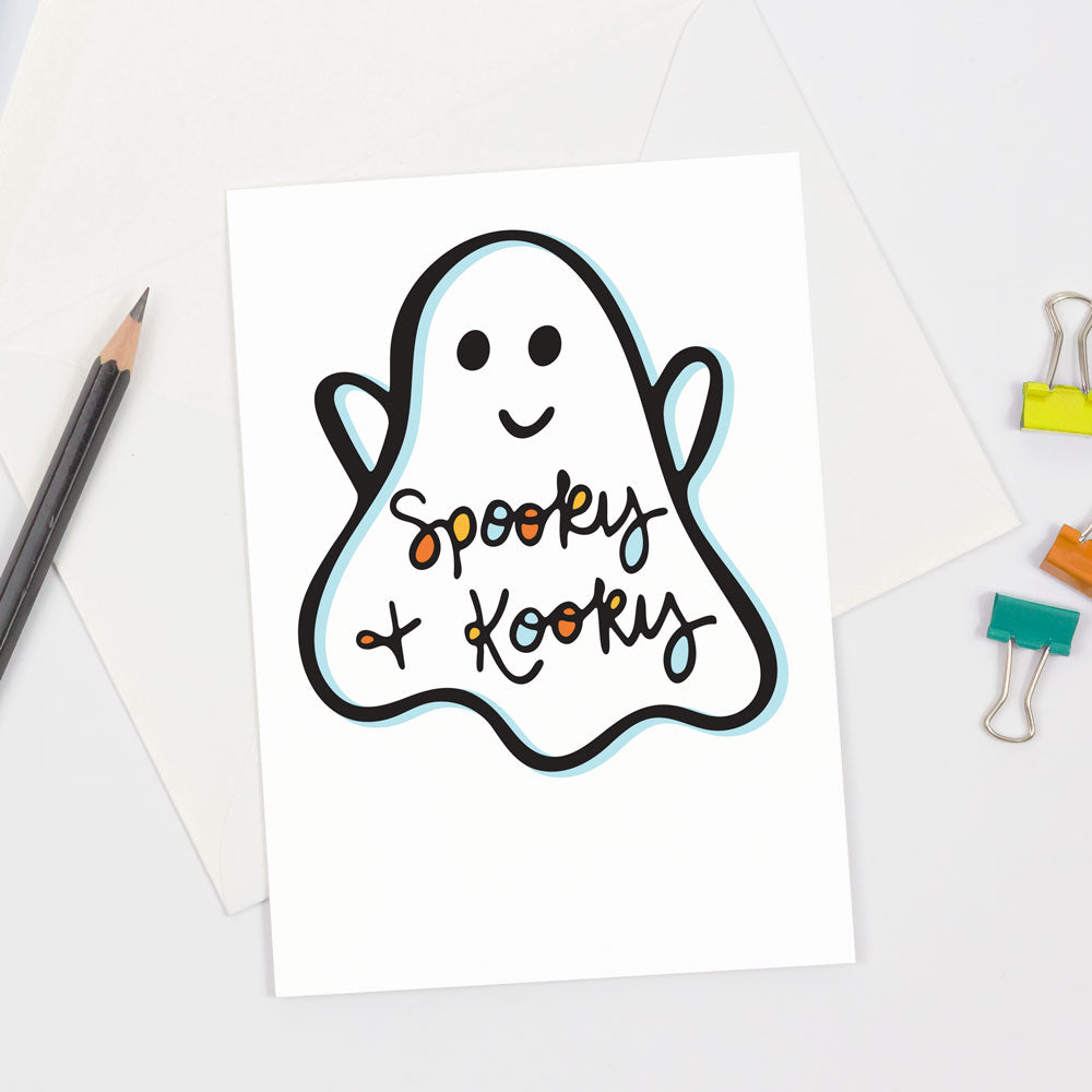 These fun greeting cards feature a smiling ghost and hand lettered "Spooky and Kooky" text on the front. These cute ghost cards are perfect for halloween and are colored with orange, yellow, light blue, black, and white. These "Spooky & Kooky" Halloween greeting cards are designed by Sunny Day Designs and are made in the USA from sustainably sourced paper.