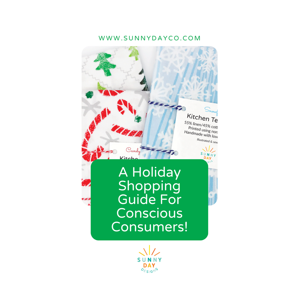 Holiday Shopping Guide For Conscious Consumers: Made In America Products, Handcrafted Gifts & The Goodbuy Search Tool | Blog Post By Sunny Day Designs showing 3 holiday kitchen tea towels on a white background with a green text box.