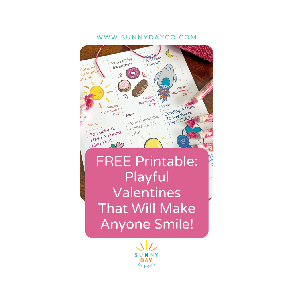 Free Printable DIY valentine cards - Playful Valentines That Will Make Anyone Smile! - Blog post and DIY printable valentine card file by Sunny Day Designs, shown on a wood table with bright pink square and white text