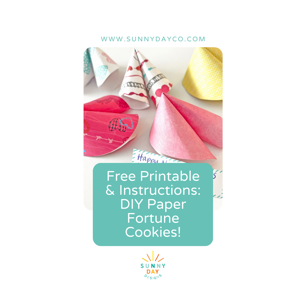 Free Printable File & Instructions for DIY Paper Fortune Cookies by Sunny Day Designs. This blog post image shows 5 colorful origami folded paper fortune cookies on a white background.