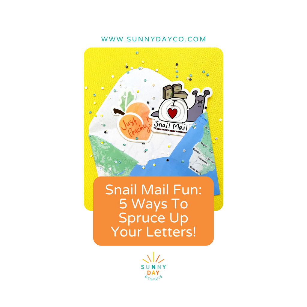 Blog post image of a Just Peachy vinyl sticker and a Snail Mail vinyl sticker inside a map themed envelope - Snail Mail Fun: 5 Ways To Spruce Up Your Letters! by Sunny Day Designs