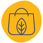 A circular icon representing gifts with compostable packaging is shown by a navy blue drawing of a top-handled shopping bag with a leaf inside it, which appears inside the center of a yellow circle, which is surrounded by a white background.