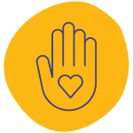 A yellow circle icon representing handmade products is shown with a navy blue drawing of a hand with 5 fingers and a heart in the palm inside the center of the circle and surrounded by a white background.