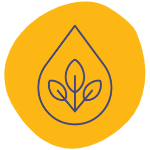 A yellow circle icon representing products made with natural materials is shown with a navy blue drawing of a teardrop shape with a plant inside with 3 leaves appears inside the center of the circle, which is surrounded by a white background.