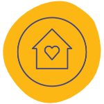 A circle icon representing gifts that support charities and non-profits is shown by a navy blue drawing of a house with a heart inside it that is surrounded by a circle, placed in the center of a yellow circle and surrounded by a white background.