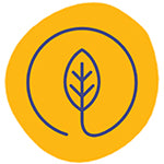 A yellow circle icon representing Zero Waste products is shown with a navy blue drawing of a leaf with the stem curving into a circle around the leaf design, which appears inside the center of the circle, which is surrounded by a white background.