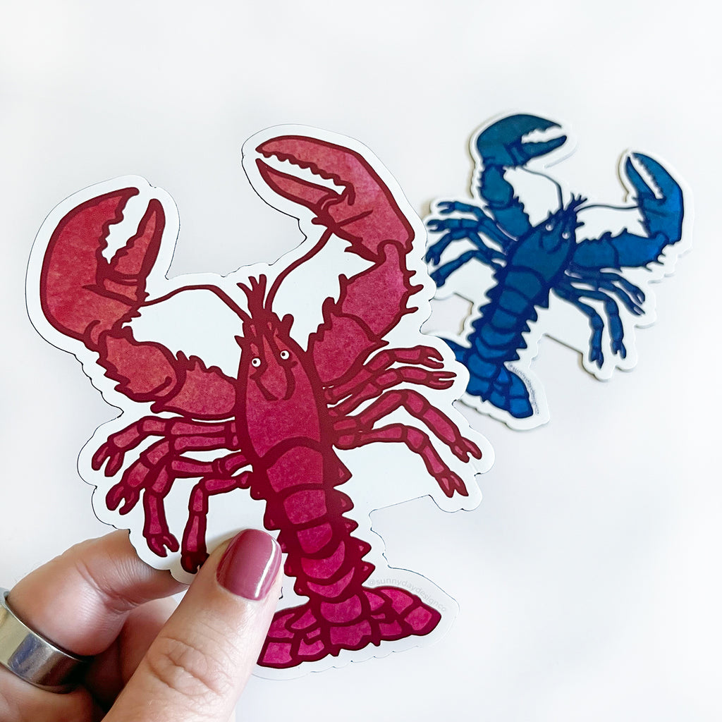 A hand is shown holding a watercolor red lobster vinyl magnet designed by Sunny Day Designs while a coordinating blue watercolor lobster vinyl magnet can be seen in the background laying on a white background. A colorful & cute coastal gift for anyone from Maine, Massachusetts or New England! Both of these nautical lobster magnets are joyfully made in the USA and are designed in Madison, WI, by Sunny Day Designs.