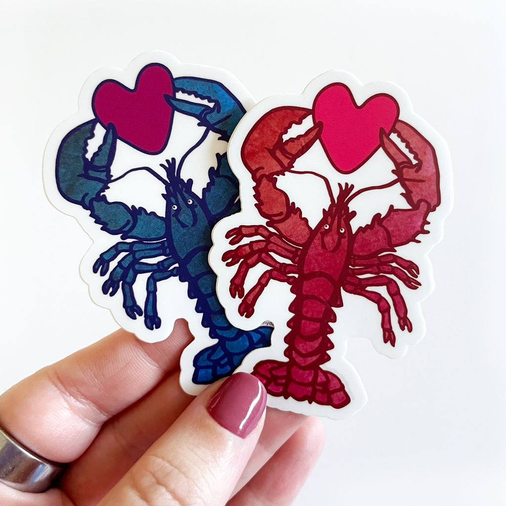 A hand is shown holding 2 color options of watercolor lobster vinyl stickers, each lobster is holding a heart within its' claws. At left, a rare blue lobster is holding a magenta purple heart, while, at left, a red lobster is holding a hot pink heart in its' claws. These colorful, coastal lobster stickers make a fun small gifts for Mainers, Bay Staters & New Englanders! Available in 2 color options: red & blue. Both stickers are joyfully made in the USA & are designed by Sunny Day Designs in Madison, WI.