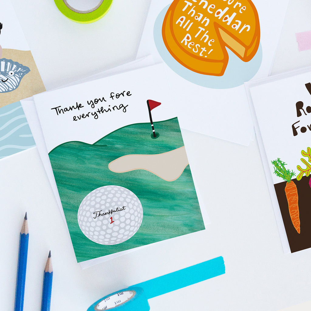 Golfers will love this gratitude greeting card, which features the punny text "Thank you for everything" and a golf ball labelled "Thankfulist" with a golf course green and red flag in the background. Let them know you're thankful for all that they've done by sending this sweet golf-themed "thank you" greeting card by Sunny Day Designs. Made in the USA and printed on sustainably sourced paper.