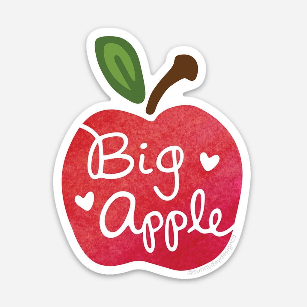 New Yorkers and travelers to New York City will love this adorable, waterproof Big Apple NYC Vinyl Sticker by Sunny Day Designs. Featuring a red apple with a watercolor texture, white hearts and hand lettered "Big Apple" text, this cute Big Apple Sticker makes a great NYC souvenir sticker and also a great moving gift or housewarming gift!