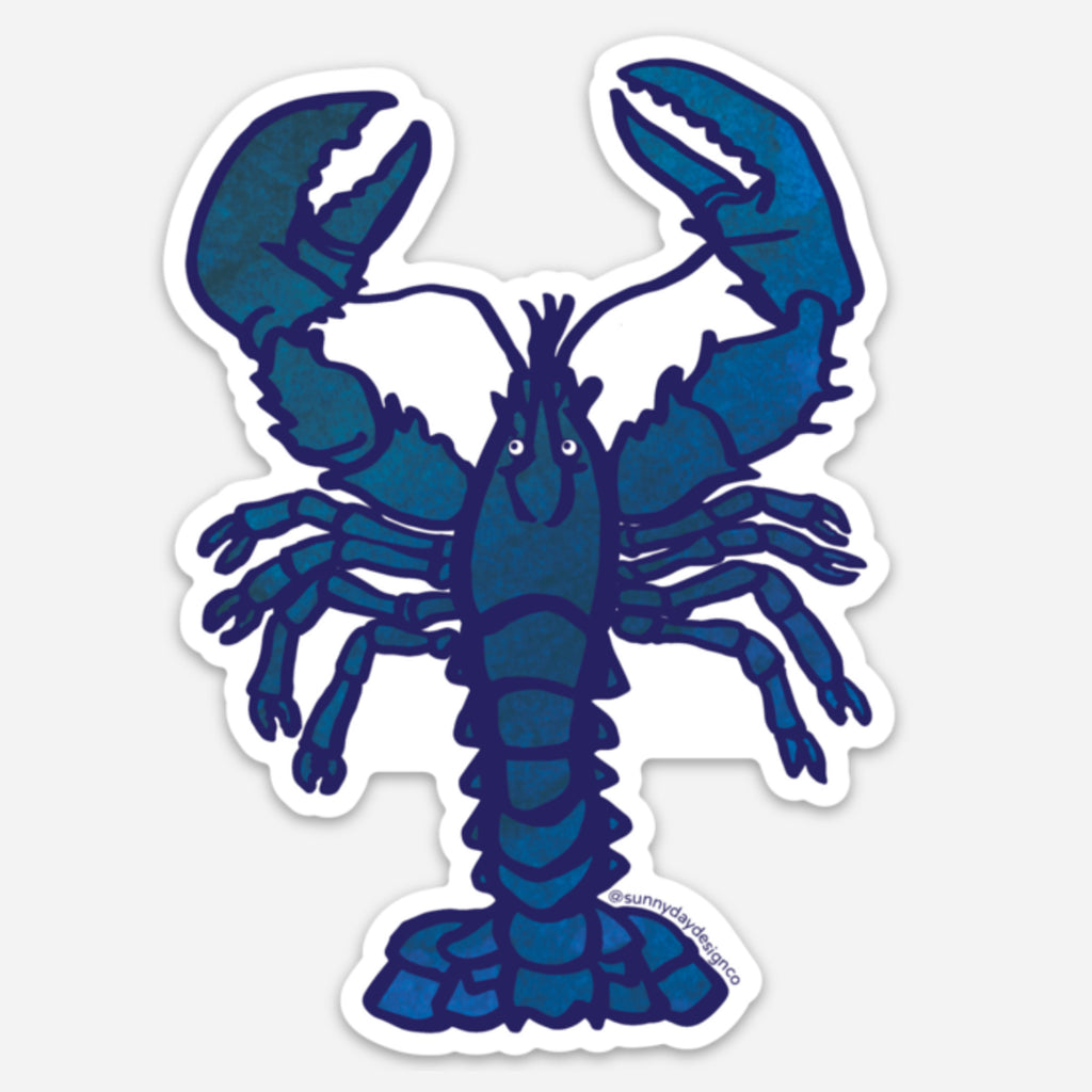 A vibrant deep blue watercolored lobster illustration magnet with detailed claws, bold outlining and playful expression.
