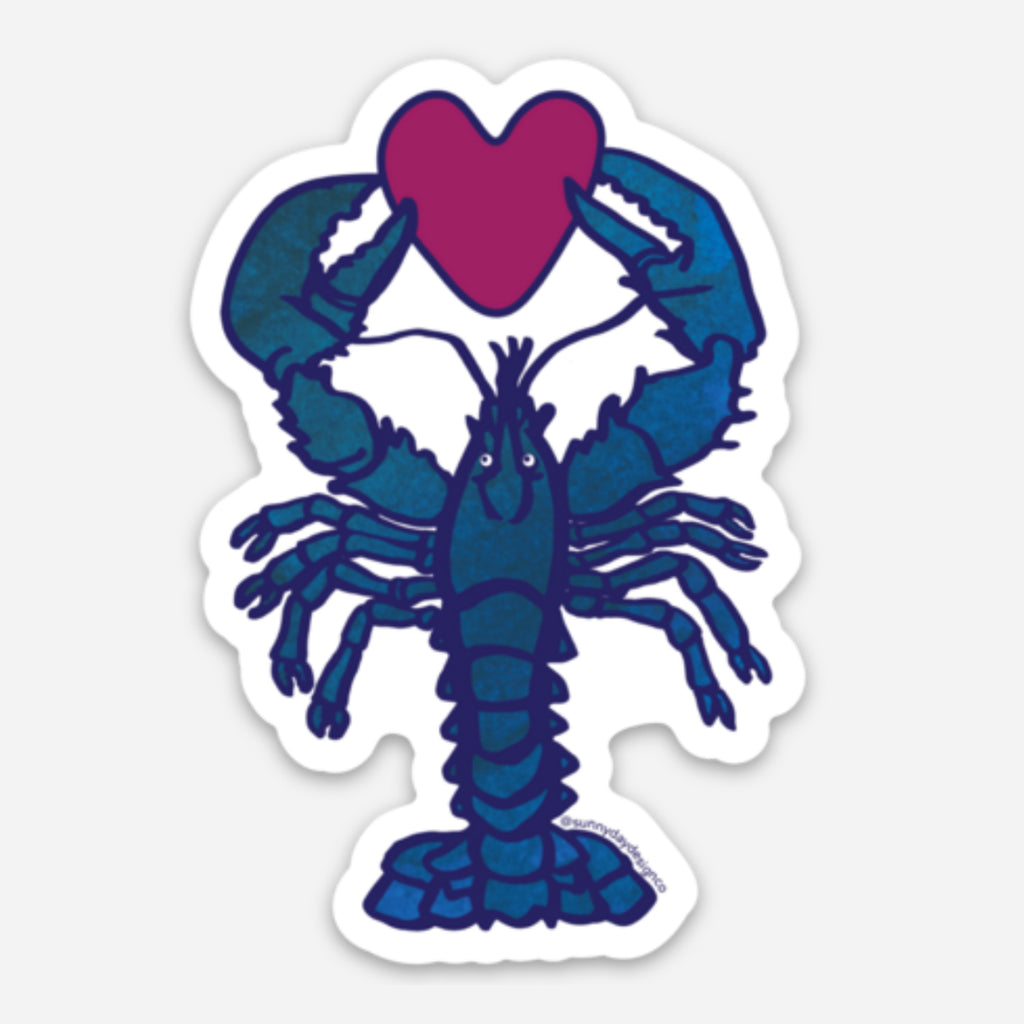 A blue lobster magnet holding a large magenta heart above its claws, featuring a cheerful and fun design.