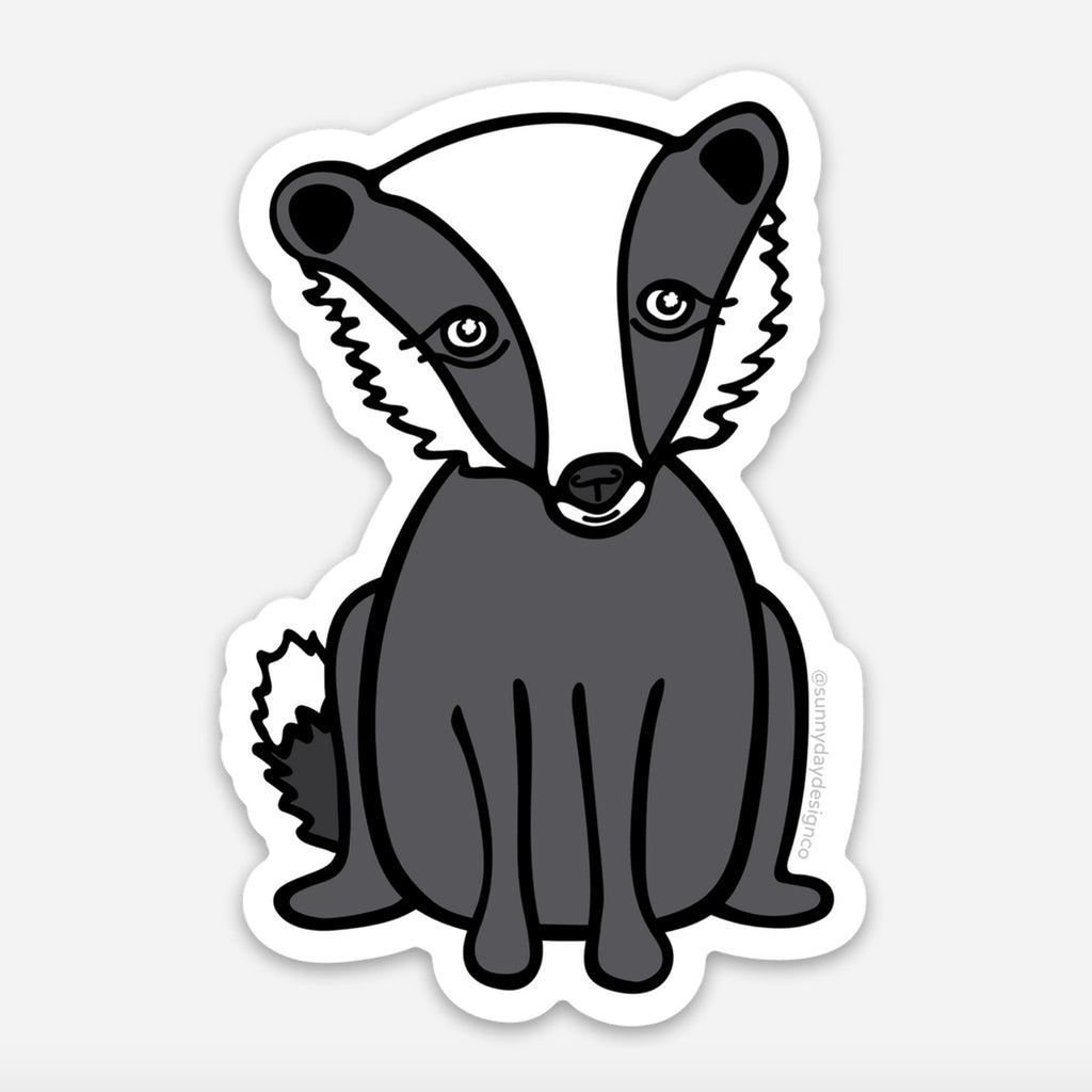This cute animal vinyl sticker design by Sunny Day Designs features a gray/white illustrated badger on a blank white background
