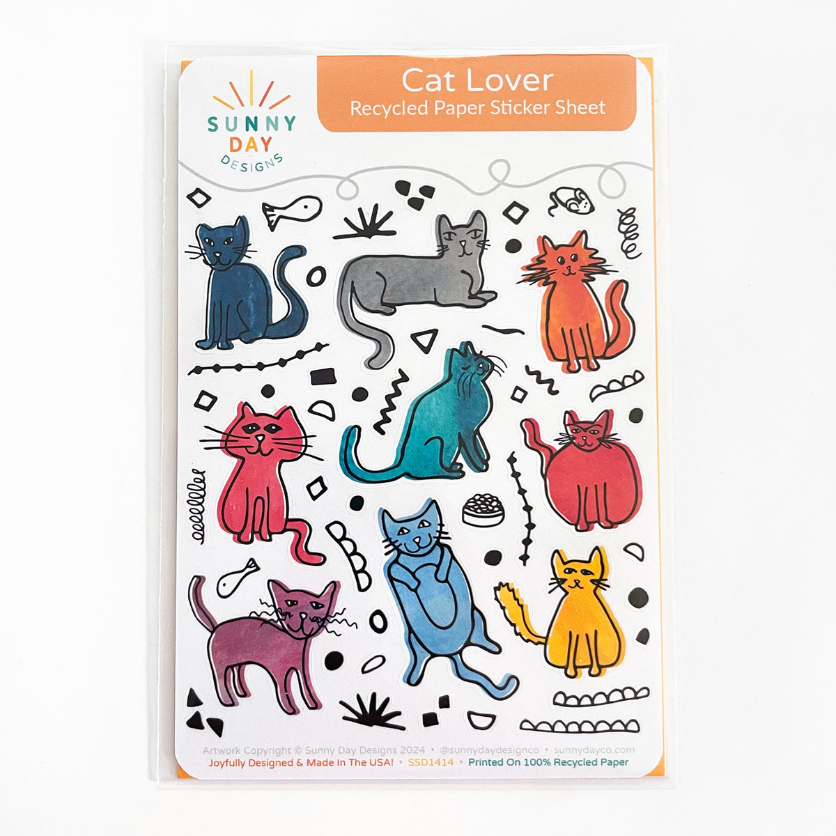 Cat Lover Animal Sticker Sheet (4x6) - Recycled Paper, USA | Sunny Day ...