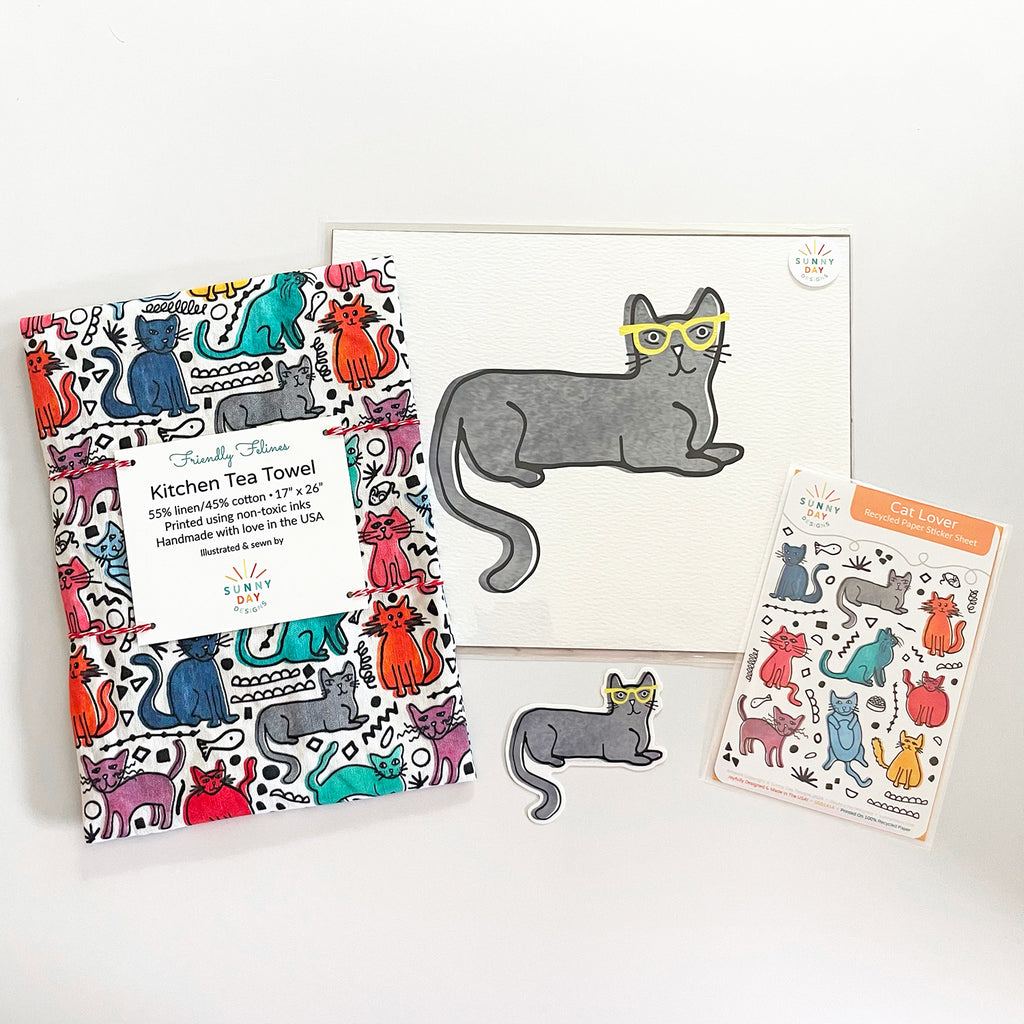 Cat Lover Gift Set of 4 colorful cat-themed gifts by Sunny Day Designs