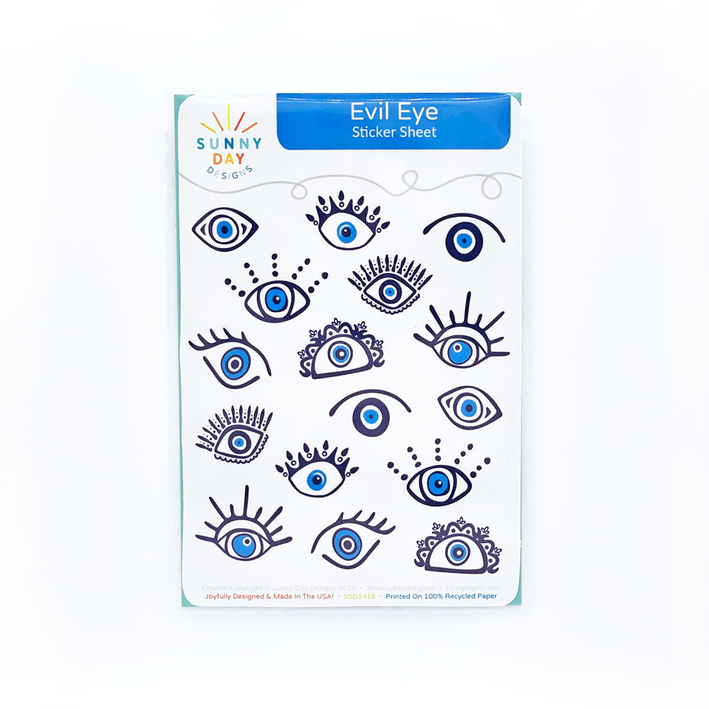 A packaged Evil Eye printed 4x6 Recycled Paper Sticker Sheet by Sunny Day Designs on a white background