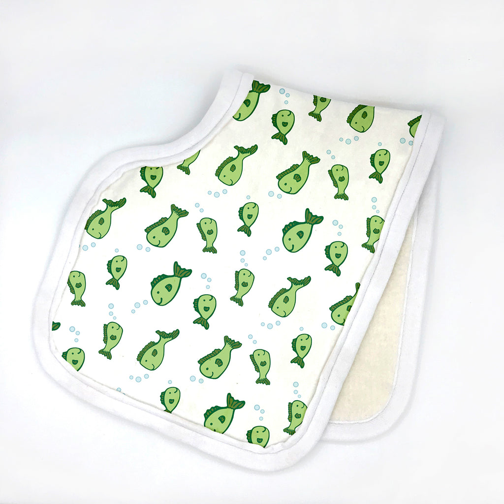This cute organic cotton fish-themed printed baby burp cloth features a school of green cartoon fish swimming on a white background and blowing light blue bubbles. Finished with white organic cotton fabric binding and backed with a natural colored organic cotton fleece, this super soft and absorbent made in the USA burp cloth by Sunny Day Designs makes a great baby gift for anyone who loves to go fishing!