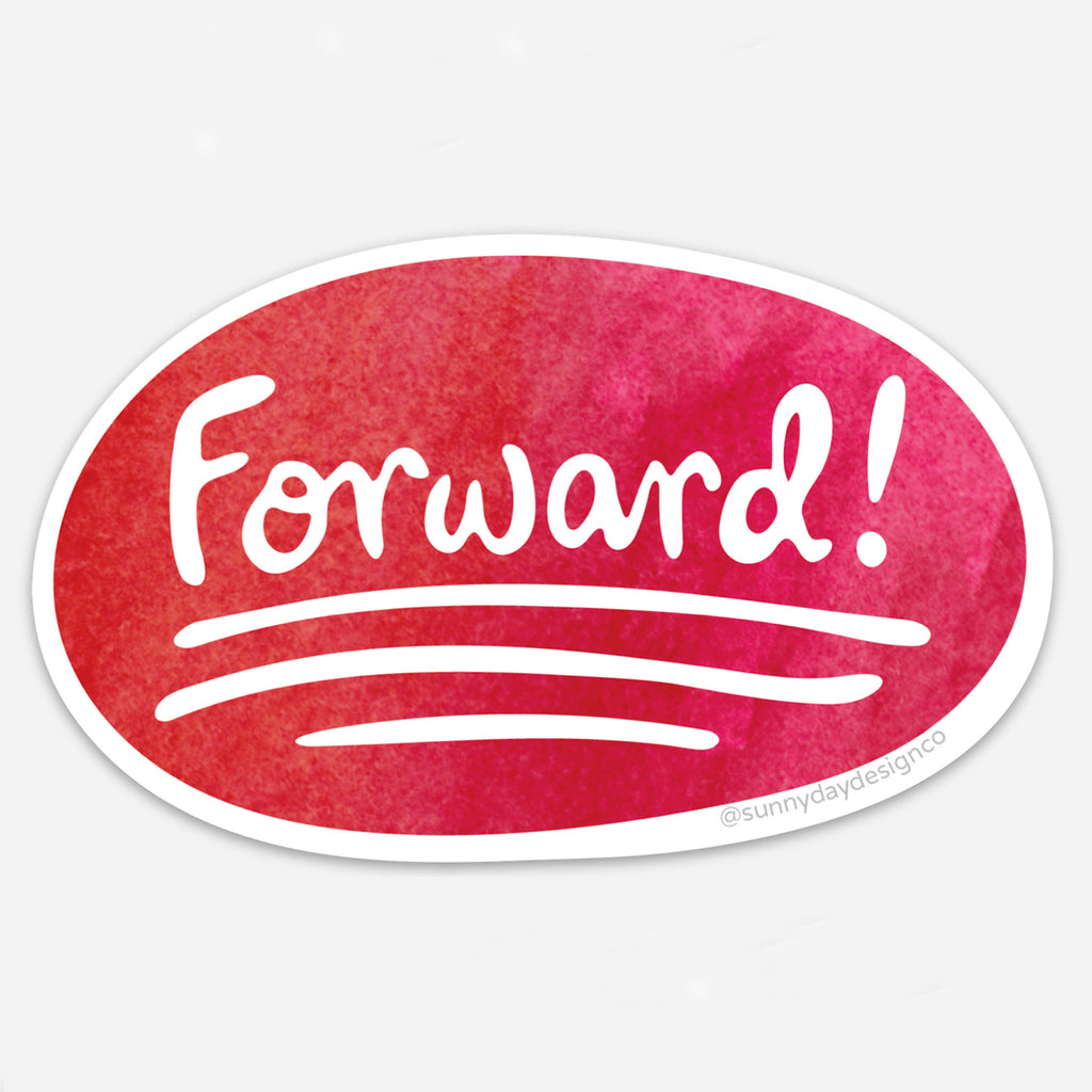 A motivational Wisconsin-themed vinyl car magnet featuring a red watercolor oval shape with hand lettered white text that says "Forward!" (the famously simply 1-word state motto of Wisconsin).