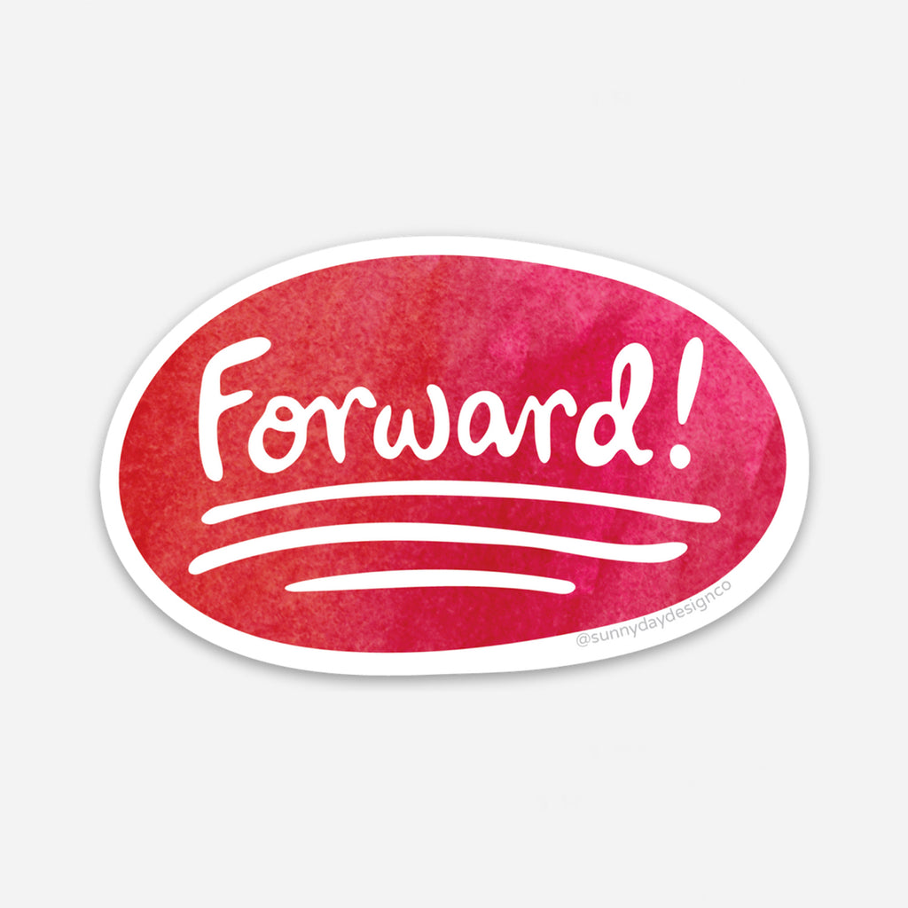 This vinyl sticker design shows a red watercolor oval with the hand lettered word "Forward!" in white and underlined 3 times. Forward is the state motto of the state of Wisconsin.