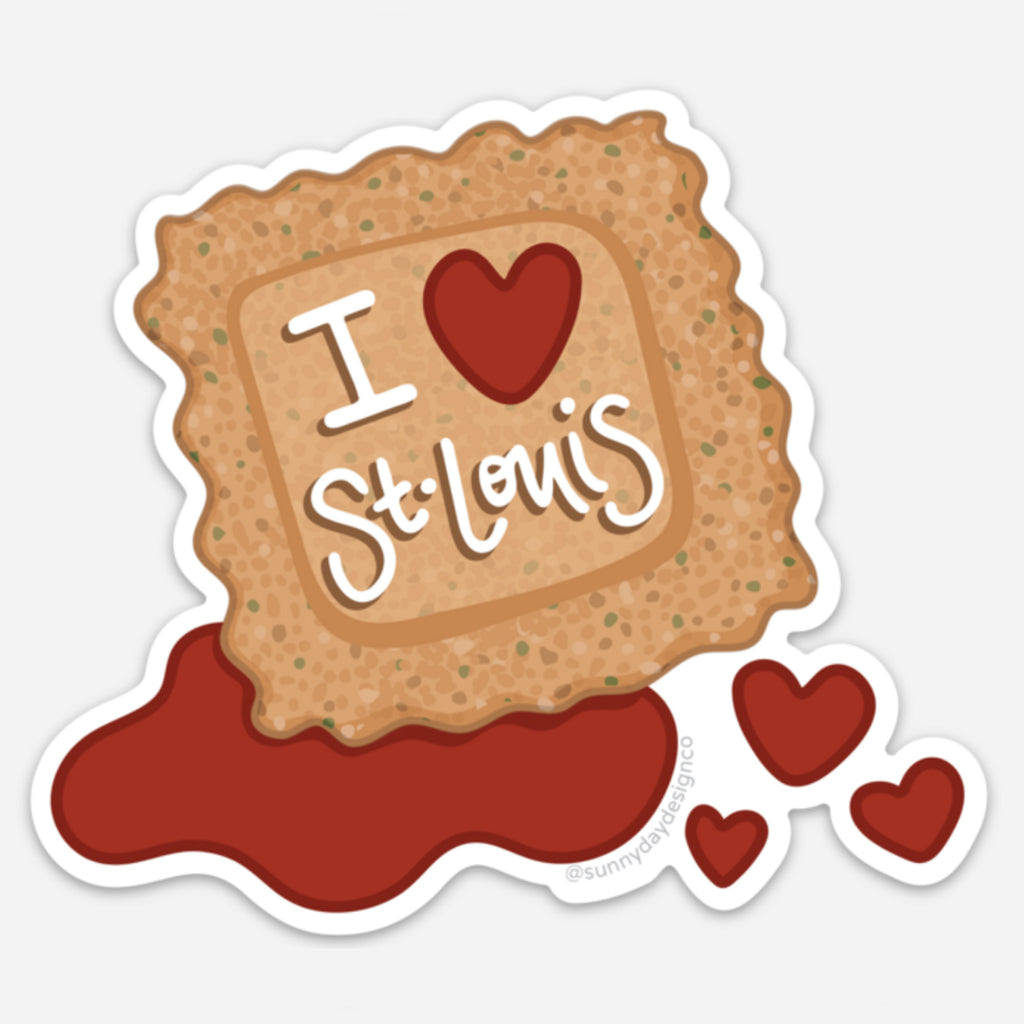 A cute, food-themed St. Louis souvenir vinyl magnet is shown featuring a toasted ravioli illustration with marinara sauce on a white background.