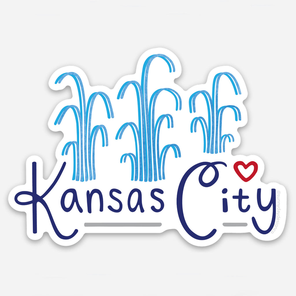 Vinyl sticker featuring stylized blue fountain jet illustrations above the phrase “Kansas City” in navy script with a red heart over the word “City.” Die-cut with a white border & designed by Sunny Day Designs, this Kansas City souvenir sticker has a playful city pride aesthetic that anyone will love - whether they live on the Missouri side of Kansas City or the Kansas side of KC!