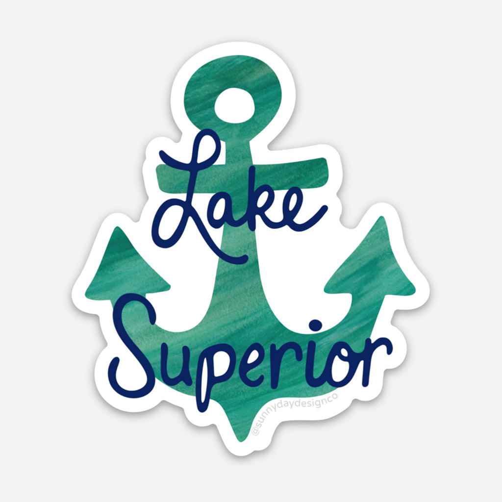 A nautical, Lake Superior Great Lakes souvenir vinyl sticker featuring a turquoise watercolor anchor design and handlettered Lake Superior text in blue.