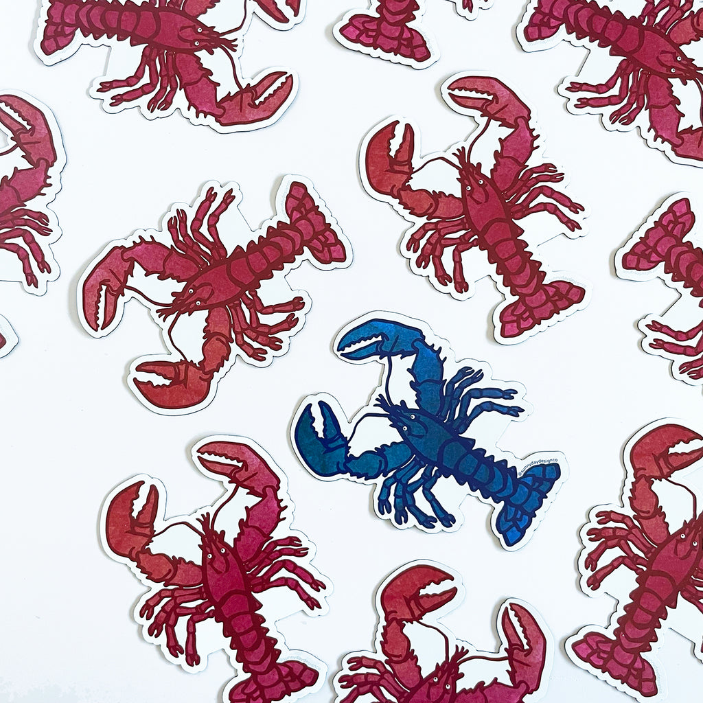 10 red watercolor lobster magnets are shown laying on a white background alongside 1 blue watercolor lobster magnet - highlighting that blue lobsters are much rarer than a red lobster. These colorful & cute lobster magnets are a great coastal gift for anyone from Maine, Massachusetts or New England! Both of these nautical lobster magnets are joyfully made in the USA and are designed in Madison, WI, by Sunny Day Designs.