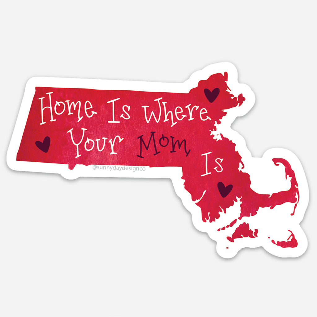 This durable thin vinyl magnet is shaped like a map of Massachusetts and makes a wonderful gift for any Mom living in Massachusetts, with text that reads 'home is where your mom is' on top of a red watercolor background.