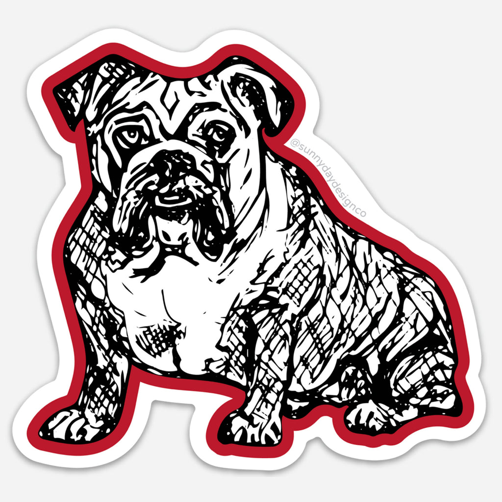 Hand-drawn black and white illustration of a bulldog with intricate line details, outlined with a bold red border. This thin vinyl magnet by Sunny Day Designs is perfect for University of Georgia alumni & students - any UGA Bulldogs fan will adore this waterproof red bulldog magnet, which is perfect for adding to your car or metal cooler for tailgating before the big football game!