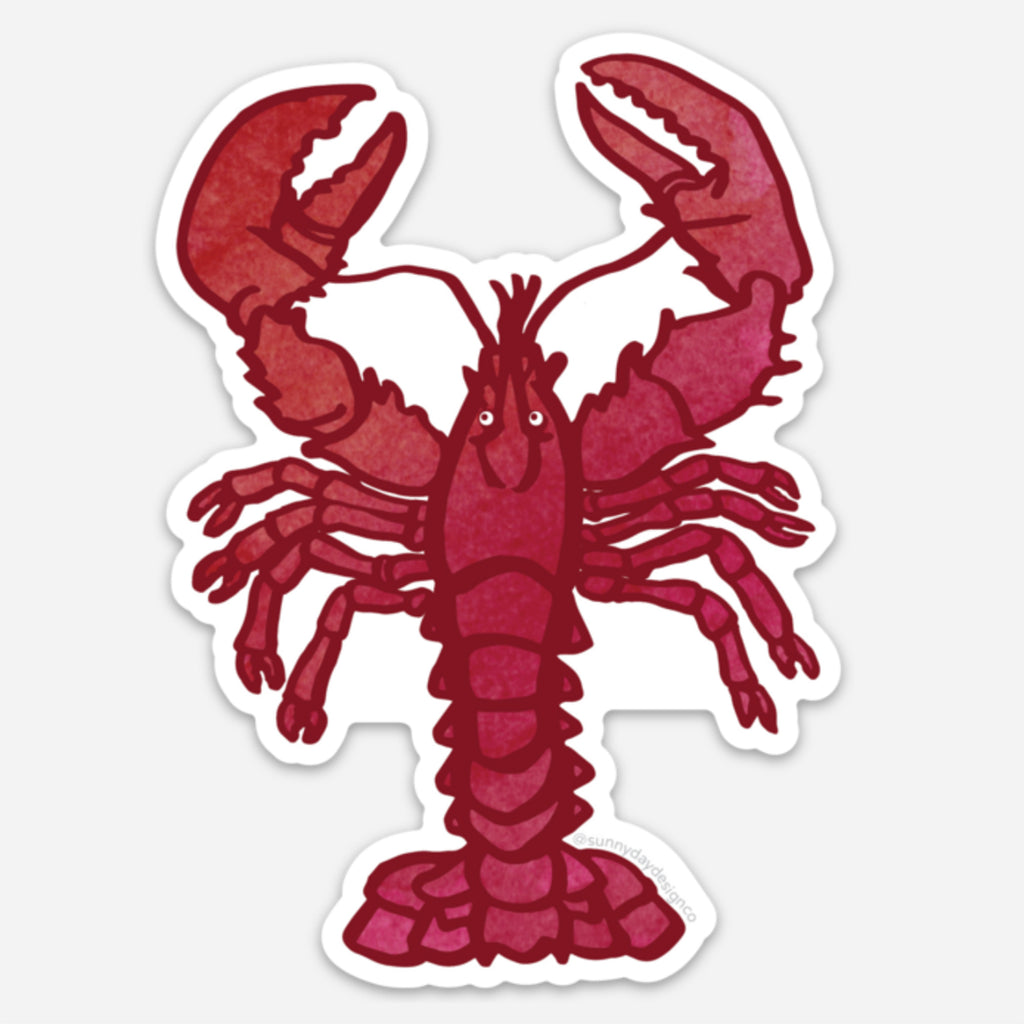 A vibrant red watercolored lobster illustration magnet with detailed claws, bold outlining and playful expression.