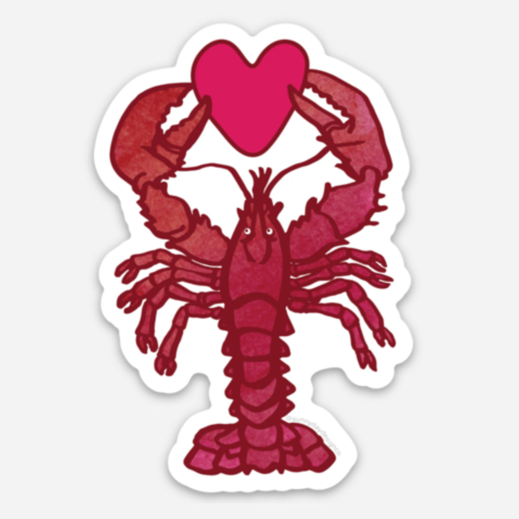 A red lobster magnet holding a pink heart above its claws, featuring a cheerful and fun design.