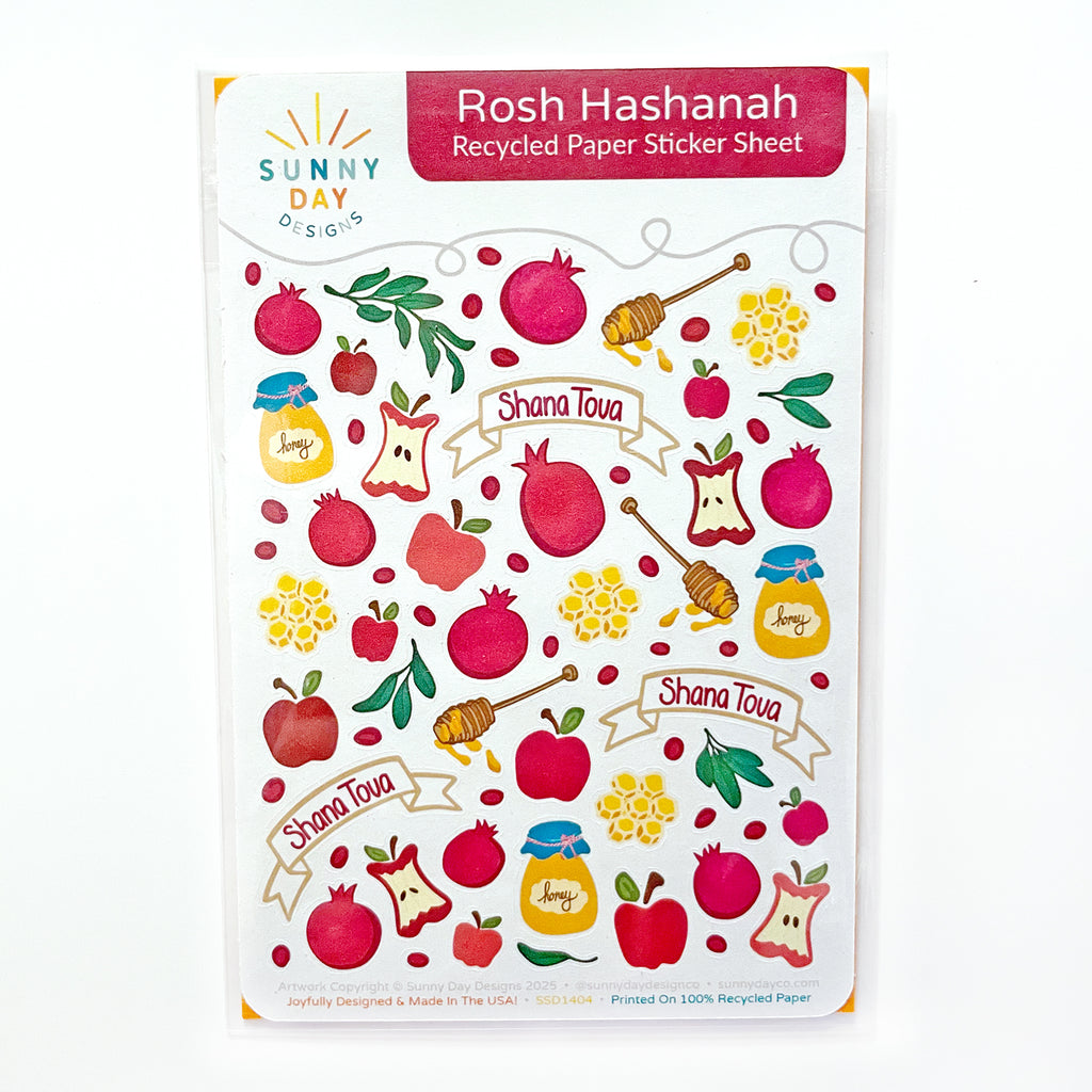 A colorful and cute Jewish sticker sheet featuring Rosh Hashanah themed stickers like pomegranates, honey, honeycomb, apples, pomegranate leaves, pomegranate seeds, and Shana Tova banners. Made in the USA in small batches from a special recycled paper sticker paper, this fun uncoated sticker sheet includes 71 stickers designed by Sunny Day Designs.