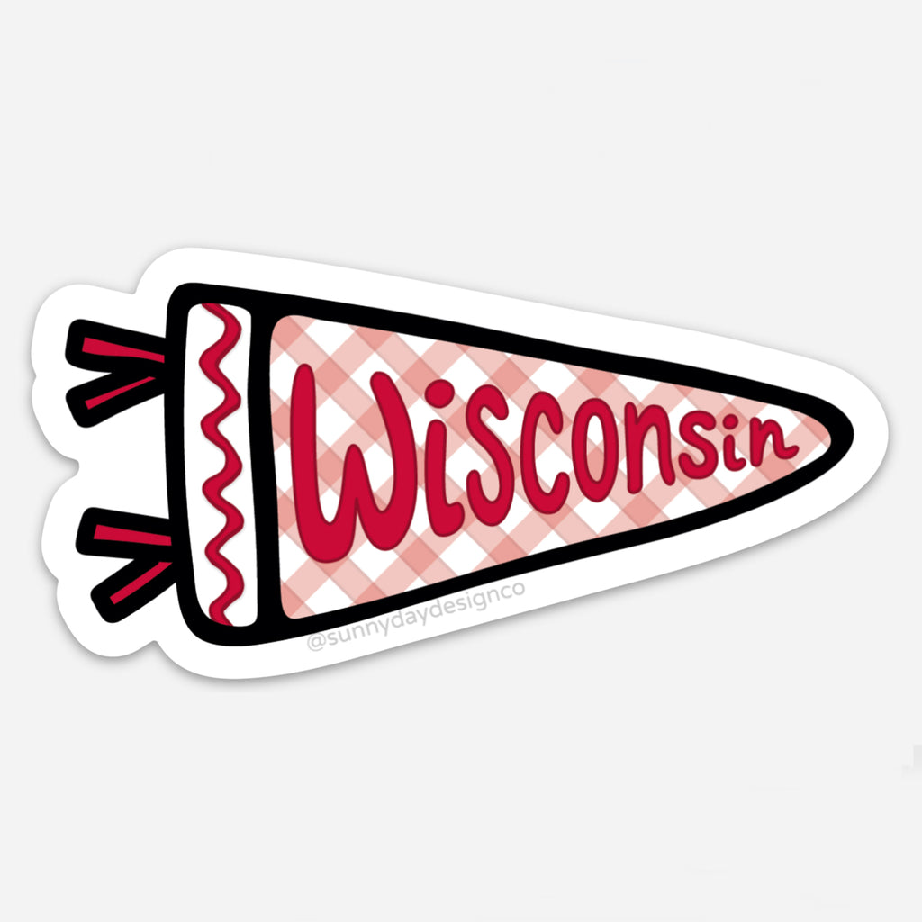 A red and white sports pennant-shaped thin vinyl magnet featuring the word "Wisconsin" in red is shown on a white background. This cute college-themed sticker is perfect for badger fans, Wisconsin alumni & university students in Madison, WI. Each waterproof, scratch-resistant magnet is joyfully made in the USA. Designed by Sunny Day Designs in Madison, WI.