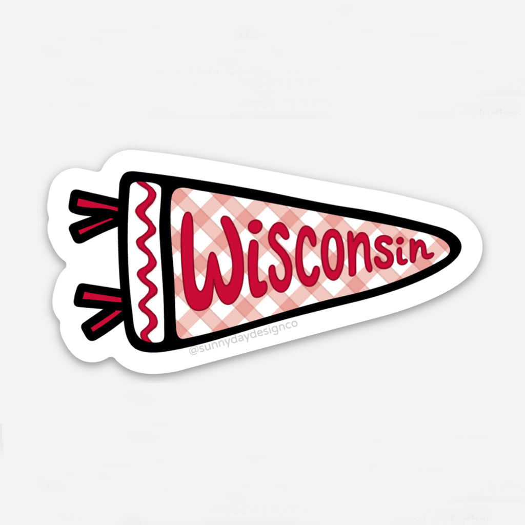 A red and white sports pennant-shaped vinyl sticker featuring the word "Wisconsin" in red is shown on a white background. This cute college-themed sticker is perfect for badger fans, Wisconsin alumni & students in Madison, WI. Each waterproof, scratch-resistant sticker is joyfully made in the USA. Designed by Sunny Day Designs in Madison, WI.