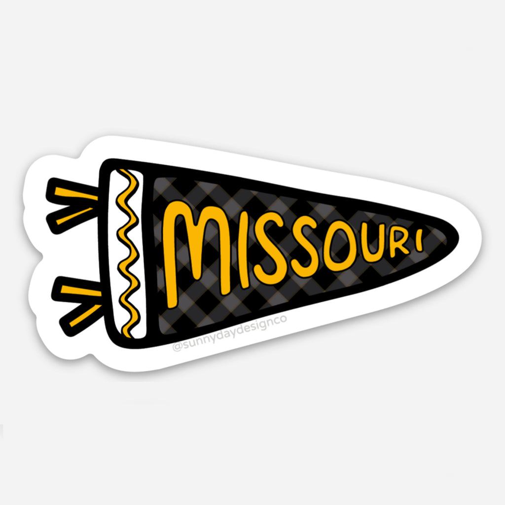 A black, golden yellow, gray & white plaid sports pennant-shaped vinyl sticker featuring the word "MISSOURI" in golden yellow is shown on a white background. This cute college-themed sticker is perfect for tiger fans, MIZZOU alumni & students at the University of Missouri in Columbia, MO. Each waterproof, scratch-resistant sticker is joyfully made in the USA. Designed by Sunny Day Designs in Madison, WI.