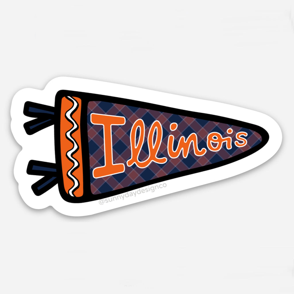 Vinyl sticker in the shape of a pennant flag with a navy and red plaid background and the word “Illinois” in orange script and block lettering. Embellished with bold black and orange tassels, die-cut with a white border, designed by Sunny Day Designs for university spirit wear.